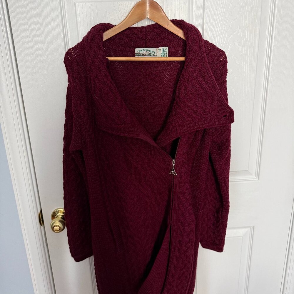 Cable Knit Asymmetrical Zip Sweater Coat Cardigan – Burgundy – Merino Wool